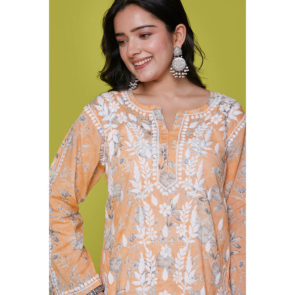 House of Chikankari Mulmul Chikankari Printed Womens Long Kurta-Orange