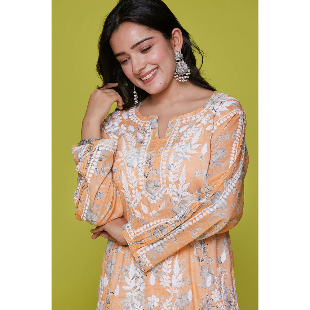 House of Chikankari Mulmul Chikankari Printed Womens Long Kurta-Orange