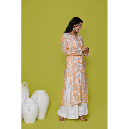 House of Chikankari Mulmul Chikankari Printed Womens Long Kurta-Orange
