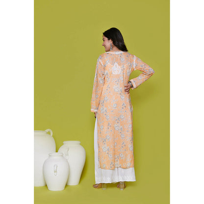 House of Chikankari Mulmul Chikankari Printed Womens Long Kurta-Orange
