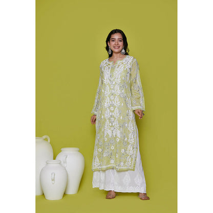 House of Chikankari Mulmul Chikankari Printed Womens Long Kurta-Green