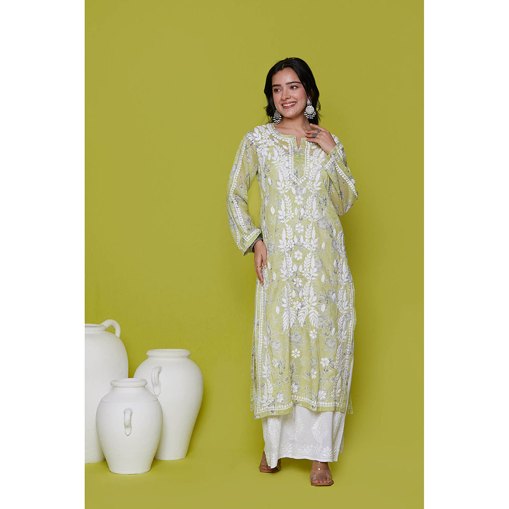 House of Chikankari Mulmul Chikankari Printed Womens Long Kurta-Green