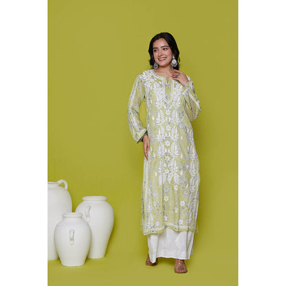 House of Chikankari Mulmul Chikankari Printed Womens Long Kurta-Green