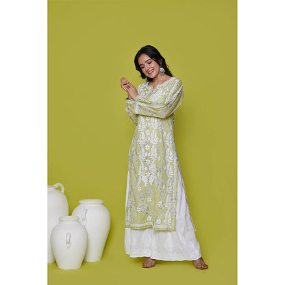 House of Chikankari Mulmul Chikankari Printed Womens Long Kurta-Green