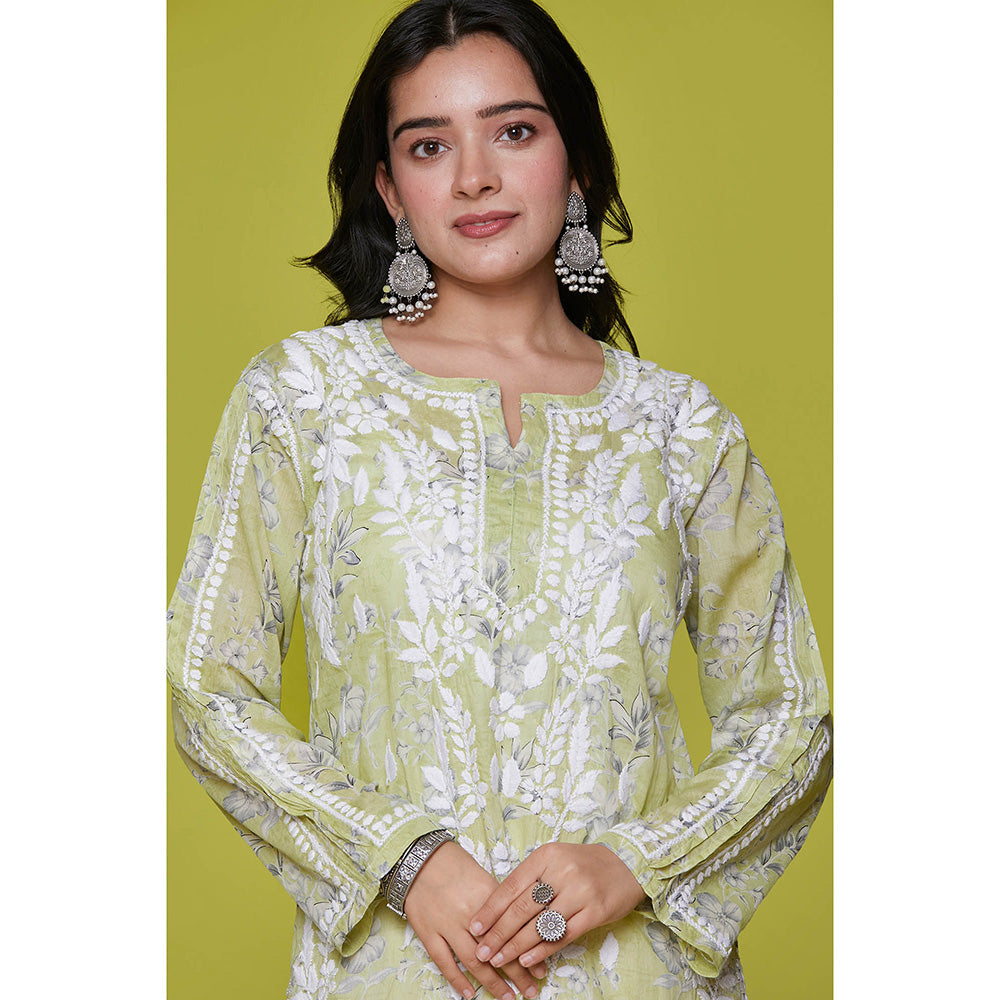 House of Chikankari Mulmul Chikankari Printed Womens Long Kurta-Green