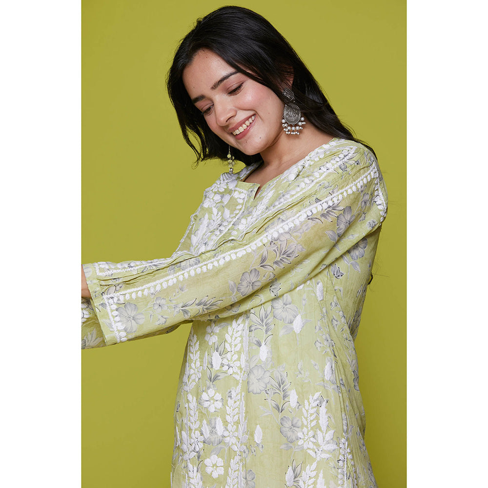 House of Chikankari Mulmul Chikankari Printed Womens Long Kurta-Green