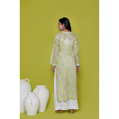 House of Chikankari Mulmul Chikankari Printed Womens Long Kurta-Green