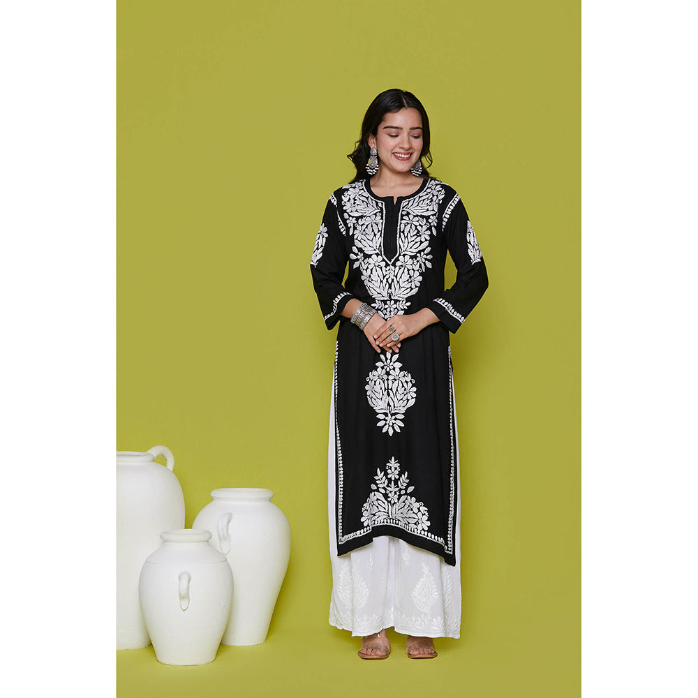 House of Chikankari Rayon Chikankari Womens Long Kurta-Black