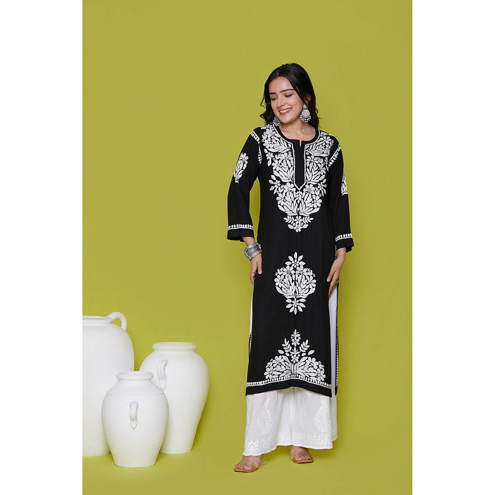 House of Chikankari Rayon Chikankari Womens Long Kurta-Black