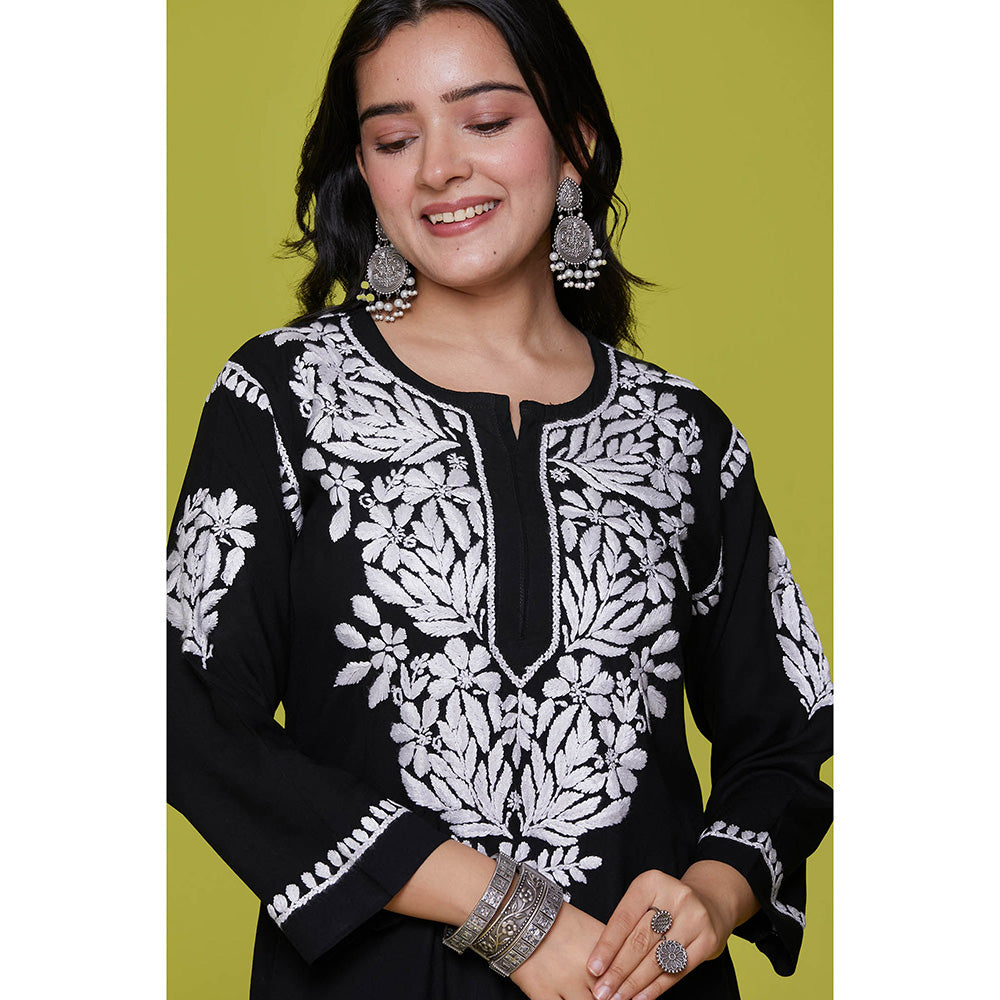 House of Chikankari Rayon Chikankari Womens Long Kurta-Black