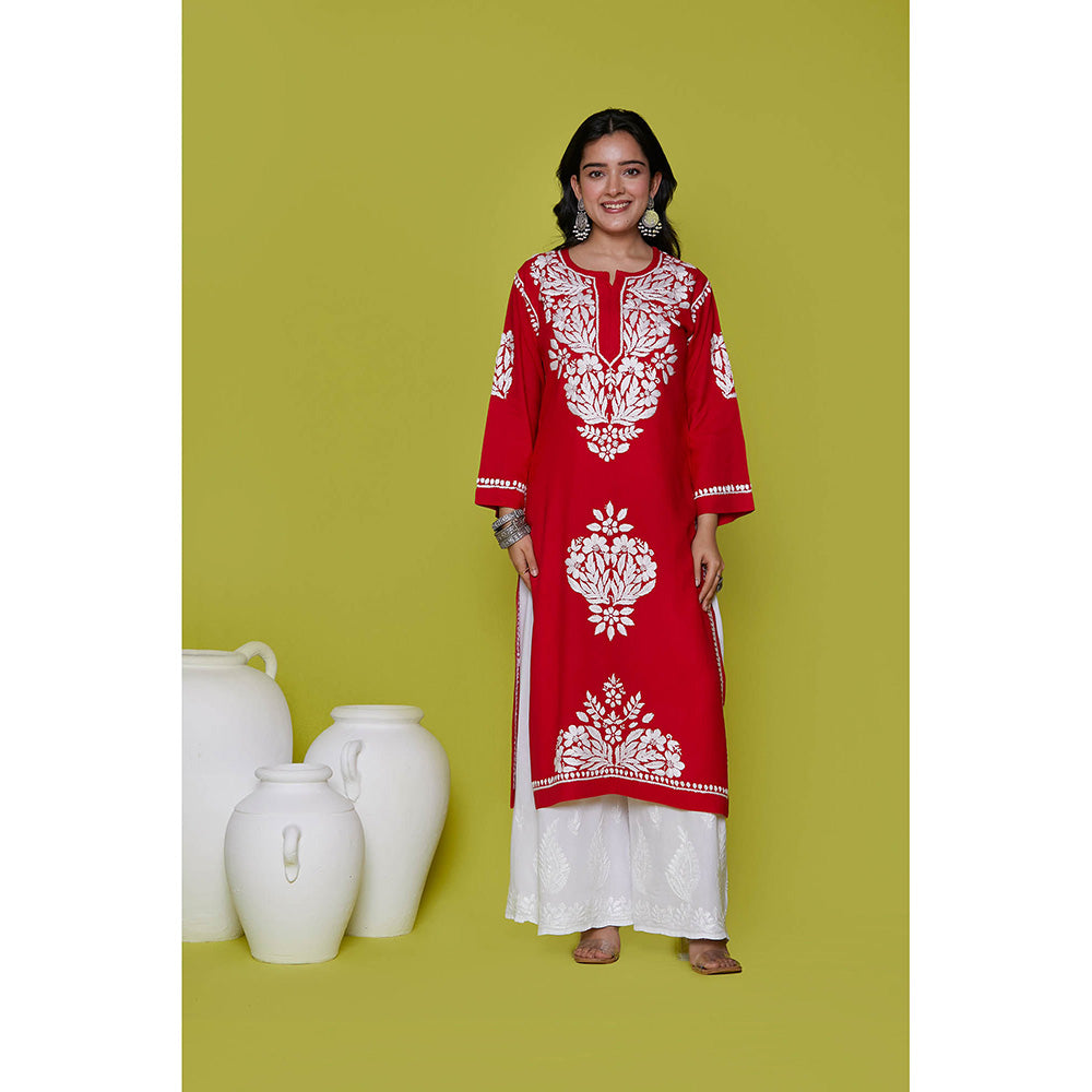 House of Chikankari Rayon Chikankari Womens Long Kurta-Red
