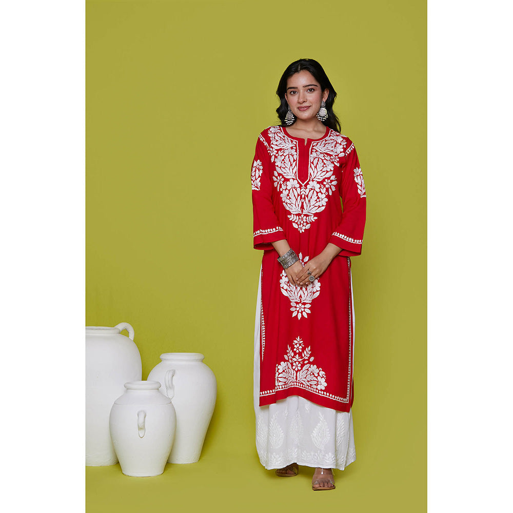 House of Chikankari Rayon Chikankari Womens Long Kurta-Red