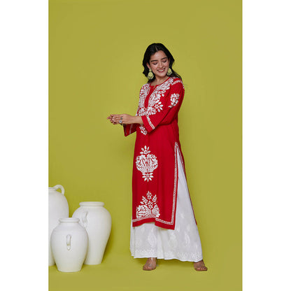 House of Chikankari Rayon Chikankari Womens Long Kurta-Red