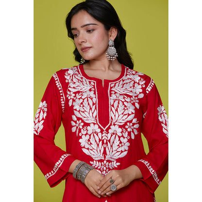House of Chikankari Rayon Chikankari Womens Long Kurta-Red
