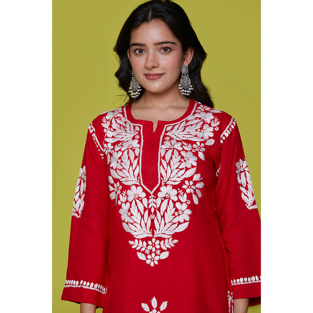 House of Chikankari Rayon Chikankari Womens Long Kurta-Red
