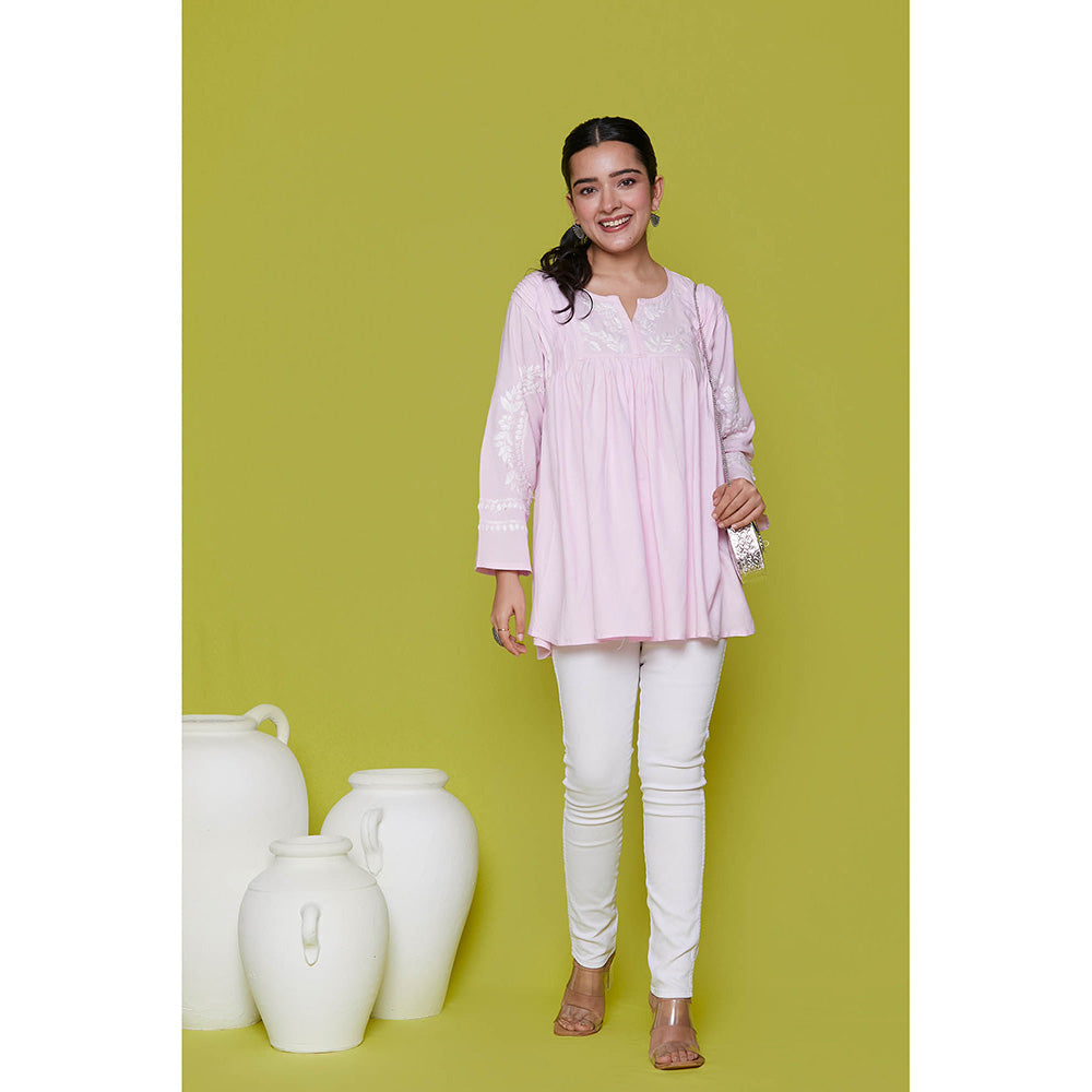 House of Chikankari Rayon Chikankari Womens Short Tunic- Pink
