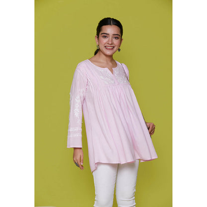 House of Chikankari Rayon Chikankari Womens Short Tunic- Pink