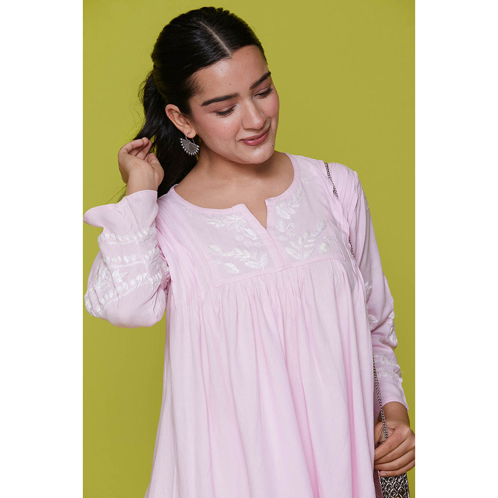 House of Chikankari Rayon Chikankari Womens Short Tunic- Pink