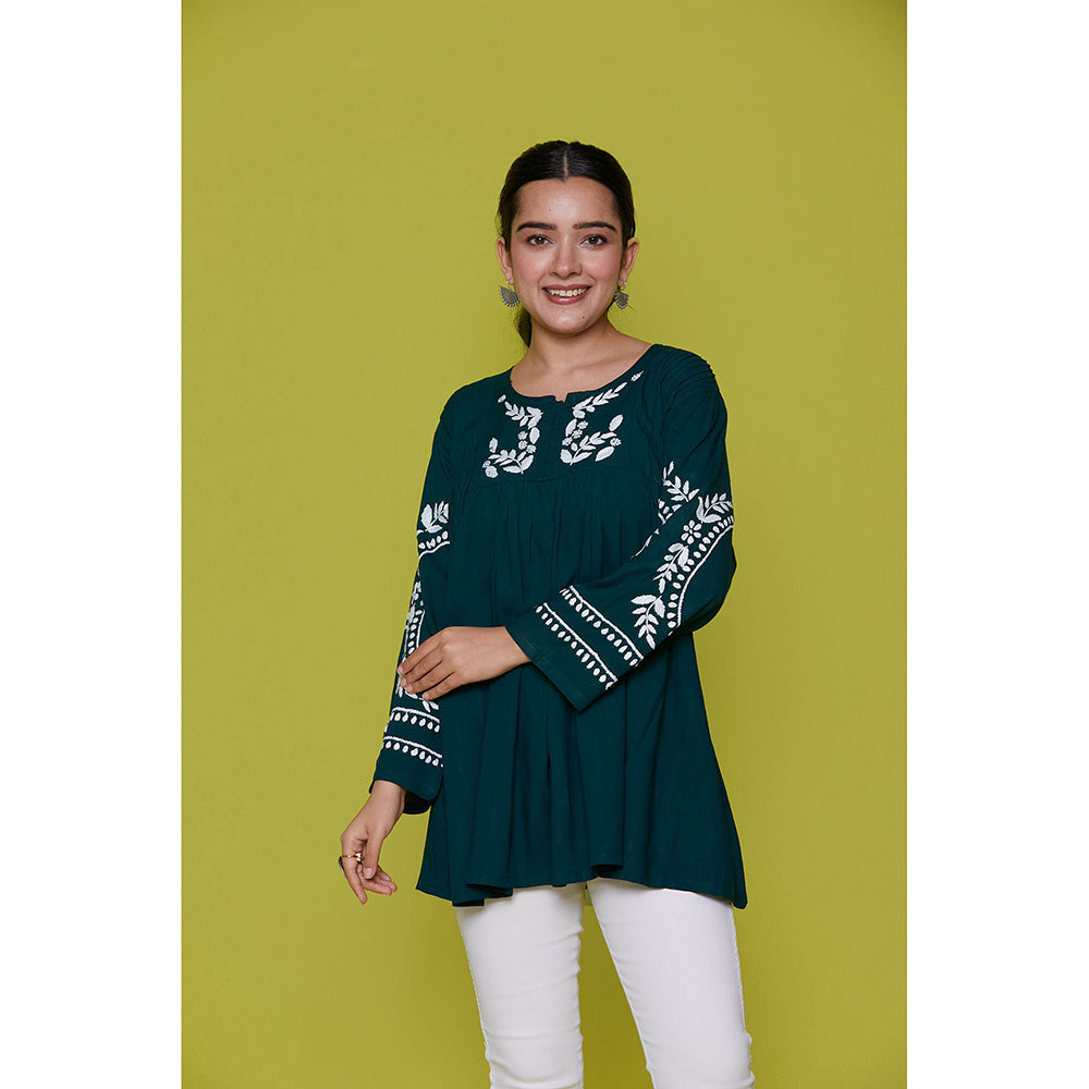 House of Chikankari Rayon Chikankari Womens Short Tunic- Green