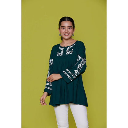 House of Chikankari Rayon Chikankari Womens Short Tunic- Green