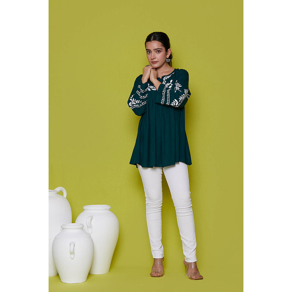House of Chikankari Rayon Chikankari Womens Short Tunic- Green