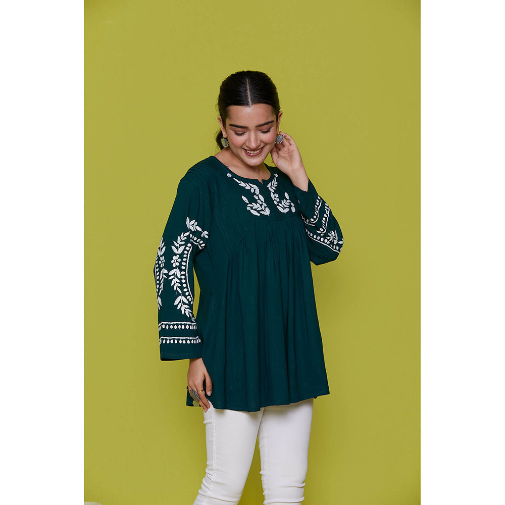 House of Chikankari Rayon Chikankari Womens Short Tunic- Green