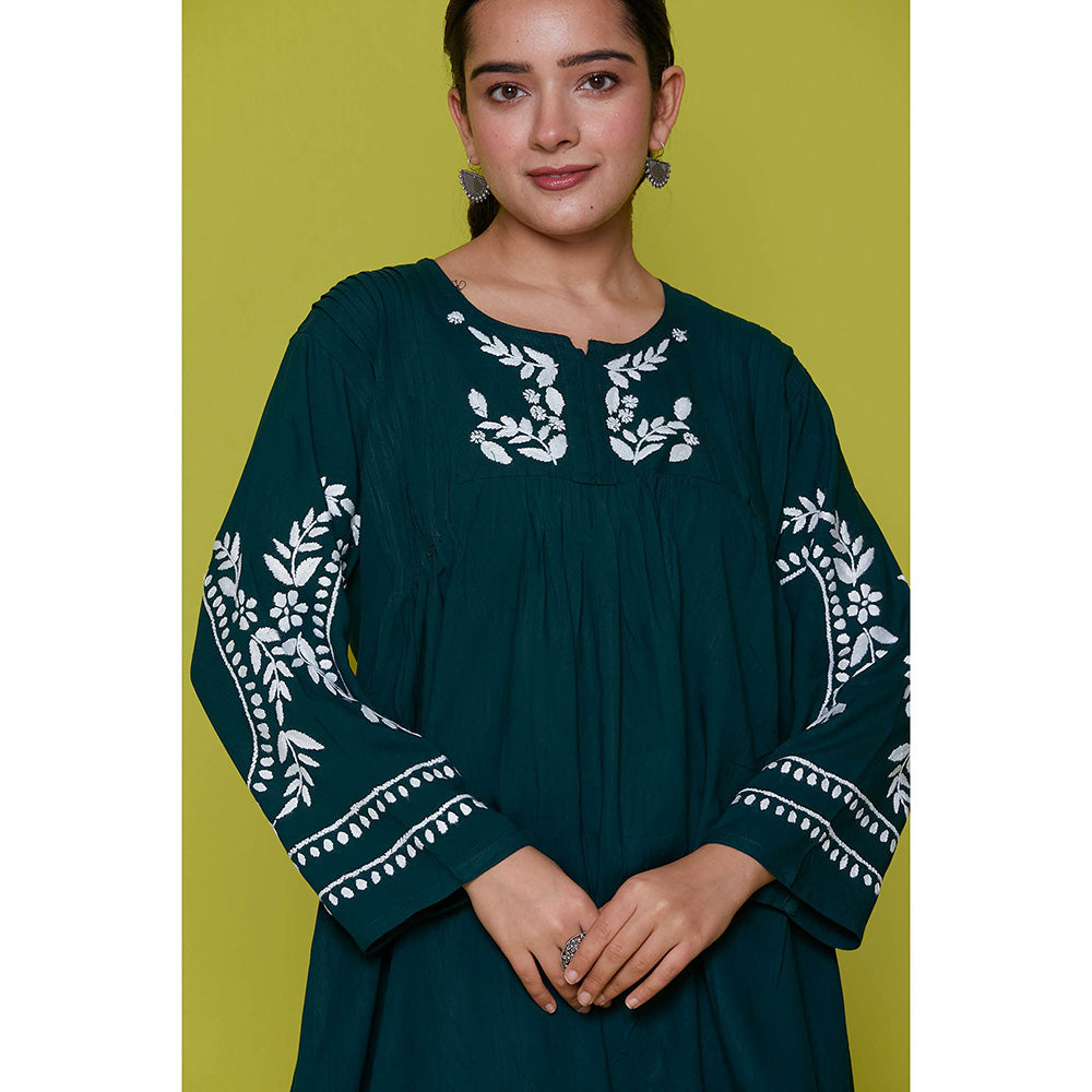 House of Chikankari Rayon Chikankari Womens Short Tunic- Green