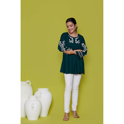House of Chikankari Rayon Chikankari Womens Short Tunic- Green