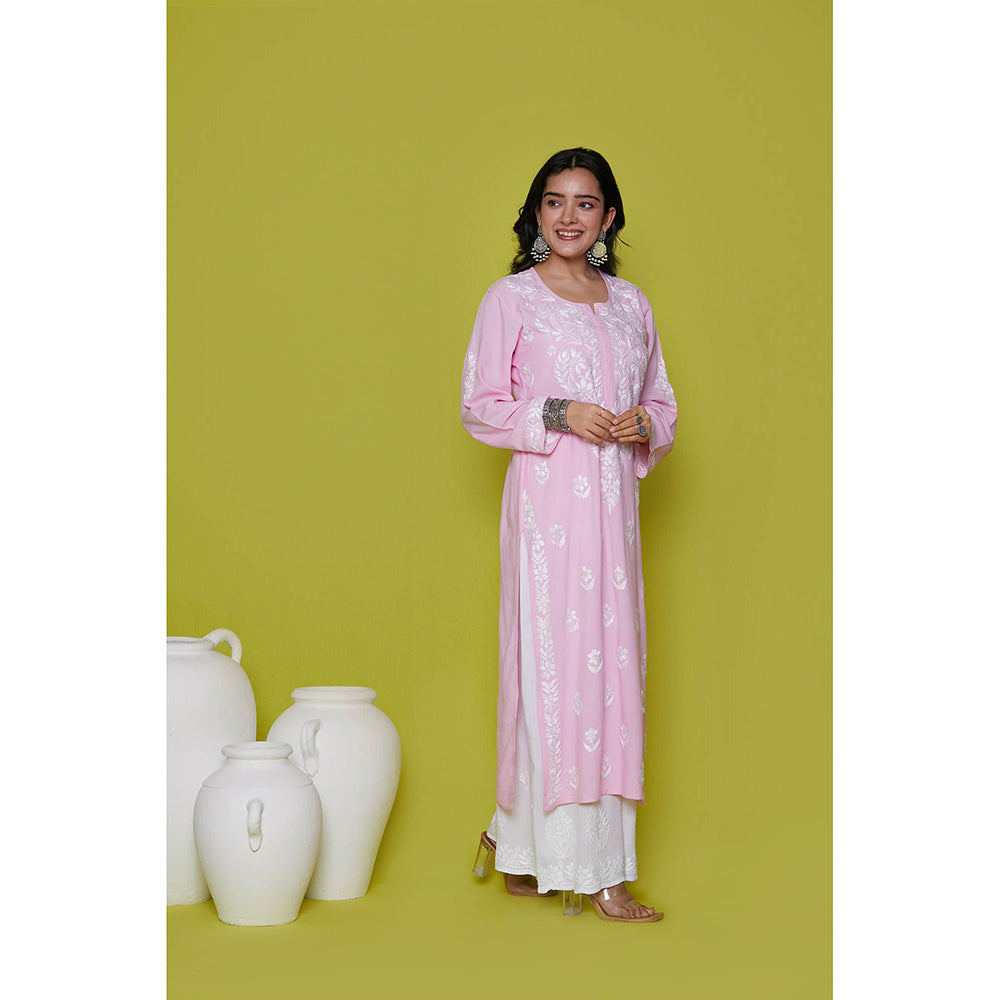 House of Chikankari Rayon Chikankari Womens Long Kurta-Pink