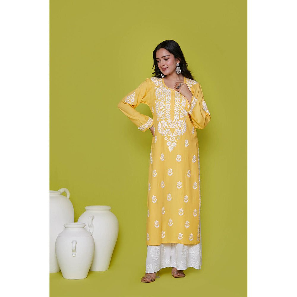 House of Chikankari Rayon Chikankari Womens Long Kurta-Yellow