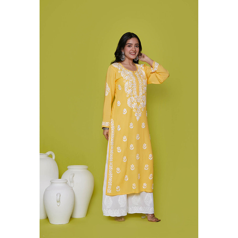 House of Chikankari Rayon Chikankari Womens Long Kurta-Yellow