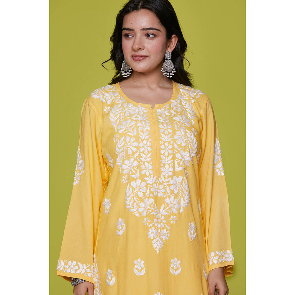 House of Chikankari Rayon Chikankari Womens Long Kurta-Yellow