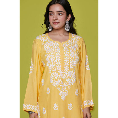 House of Chikankari Rayon Chikankari Womens Long Kurta-Yellow