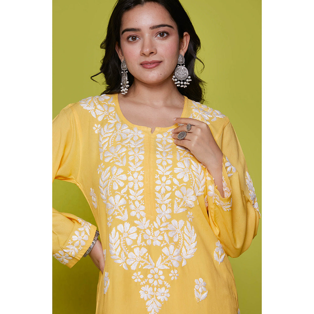 House of Chikankari Rayon Chikankari Womens Long Kurta-Yellow