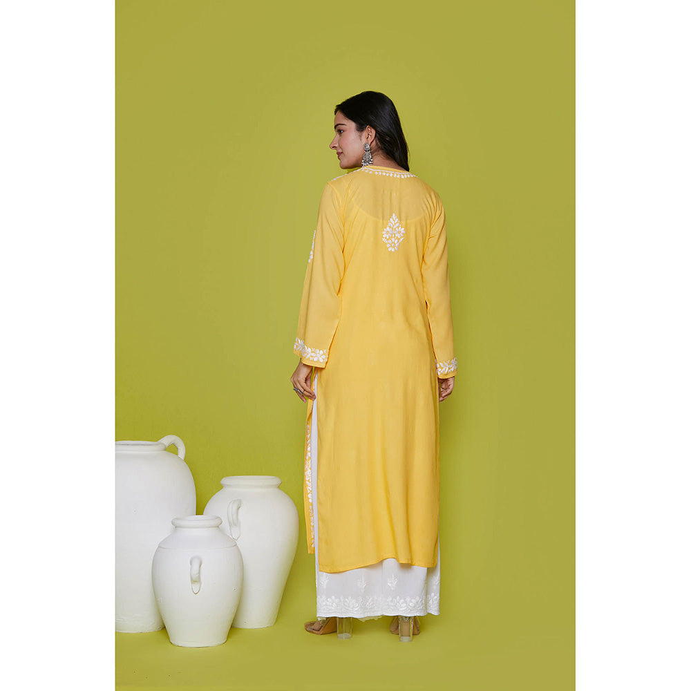 House of Chikankari Rayon Chikankari Womens Long Kurta-Yellow