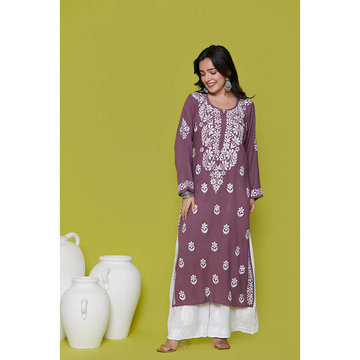 House of Chikankari Rayon Chikankari Womens Long Kurta-Purple