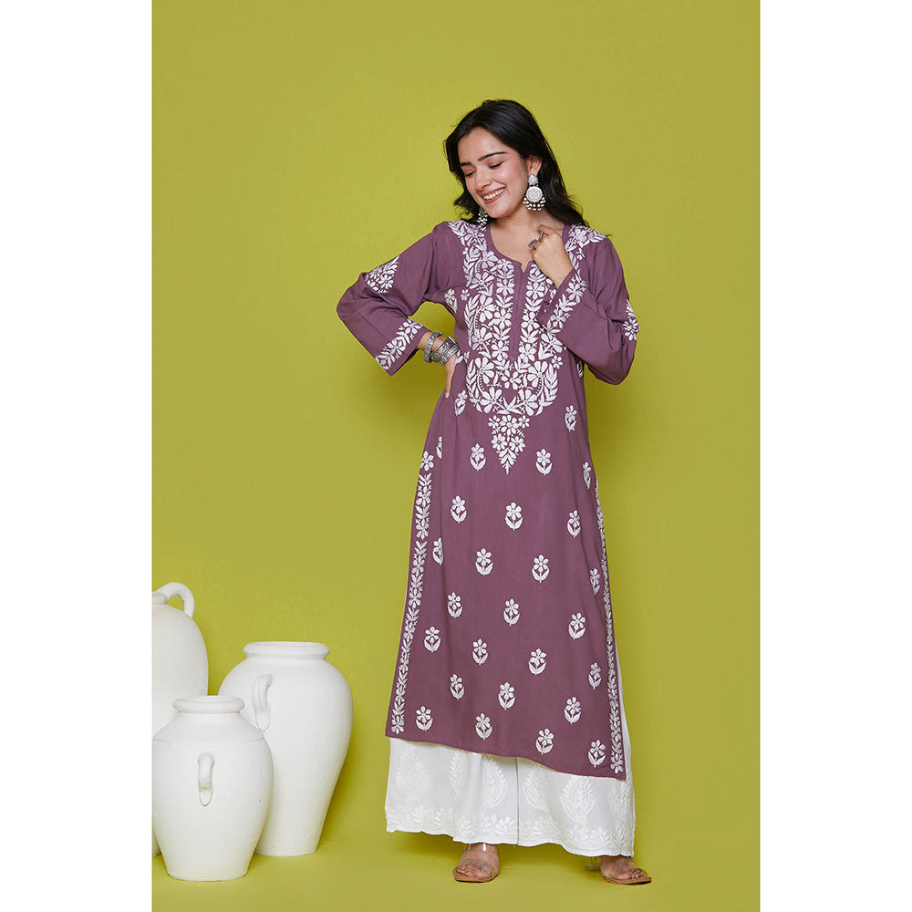 House of Chikankari Rayon Chikankari Womens Long Kurta-Purple