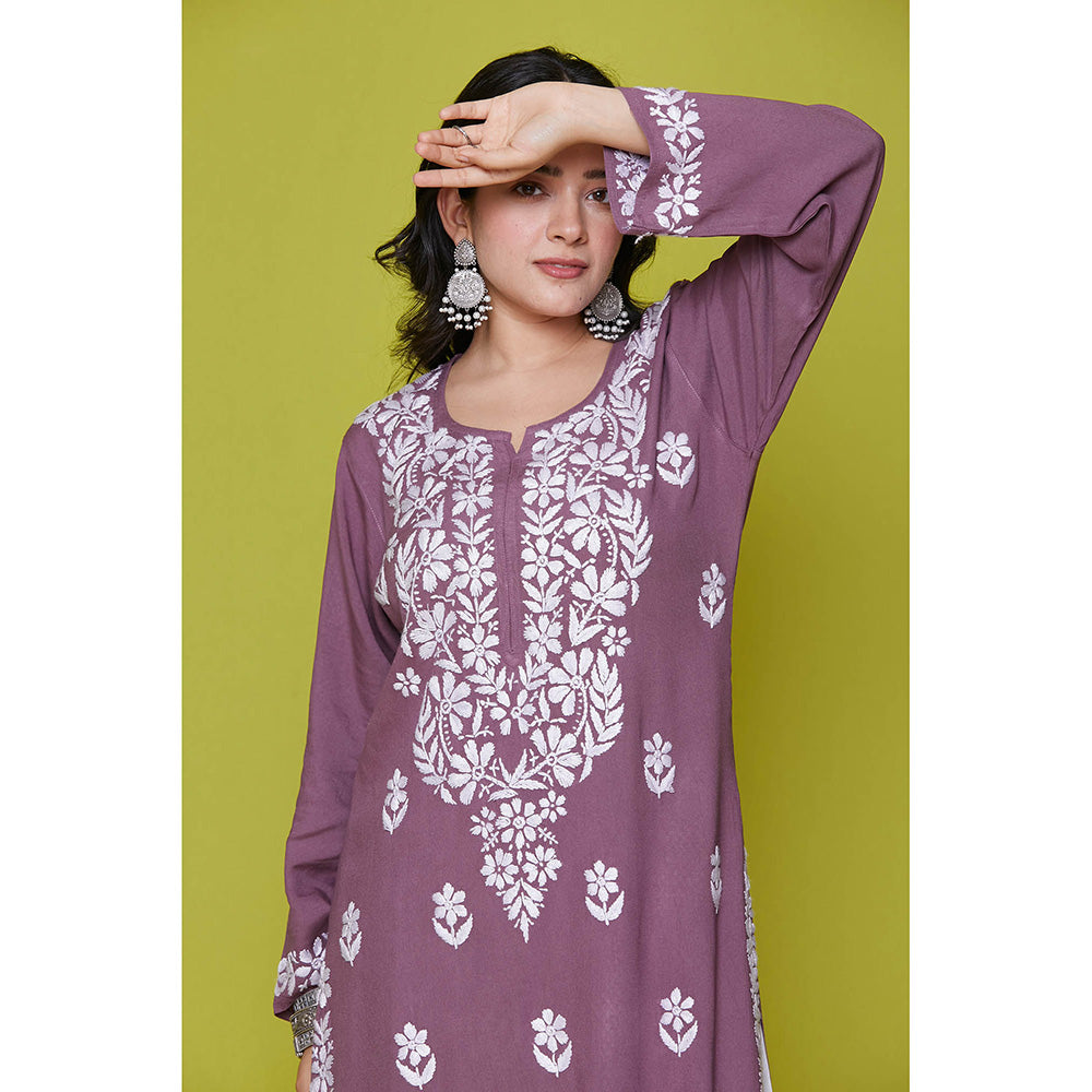 House of Chikankari Rayon Chikankari Womens Long Kurta-Purple