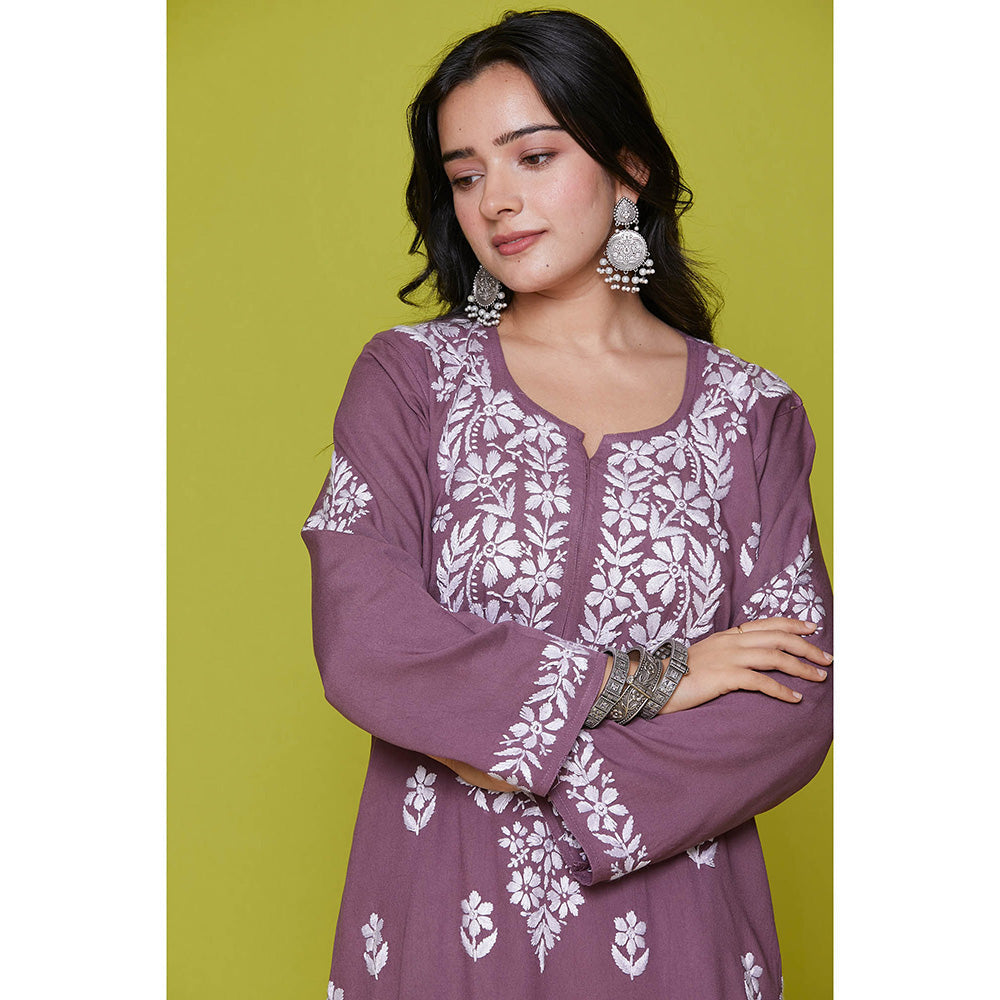 House of Chikankari Rayon Chikankari Womens Long Kurta-Purple