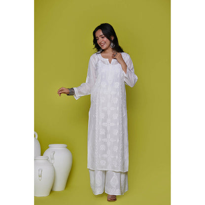 House of Chikankari Muslin Chikankari Womens Long Kurta-White