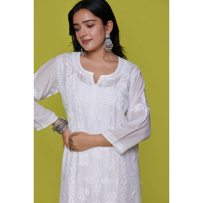 House of Chikankari Muslin Chikankari Womens Long Kurta-White