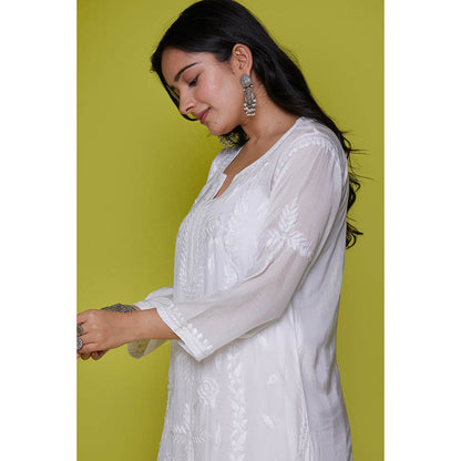 House of Chikankari Muslin Chikankari Womens Long Kurta-White