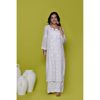 House of Chikankari Muslin Chikankari Womens Long Kurta-White