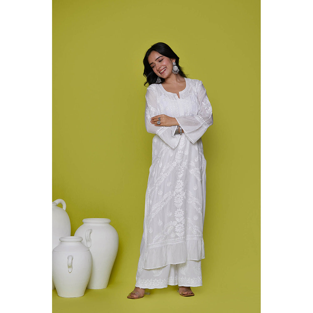 House of Chikankari Muslin Chikankari Womens Long Kurta-White
