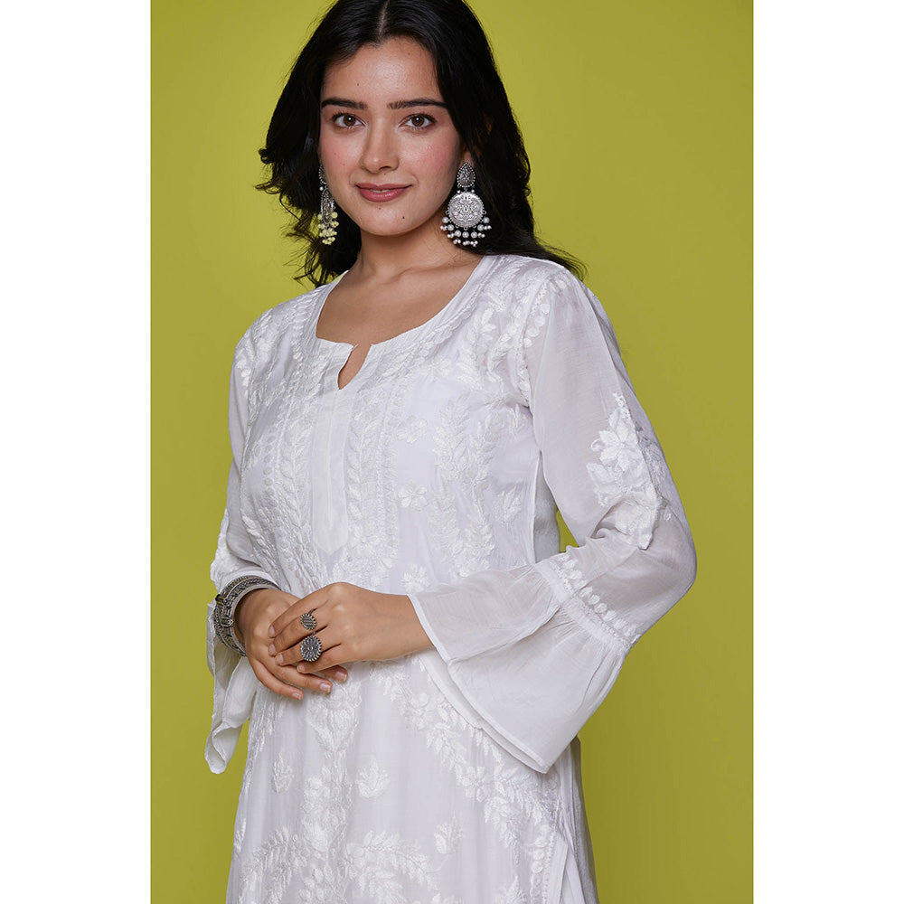 House of Chikankari Muslin Chikankari Womens Long Kurta-White