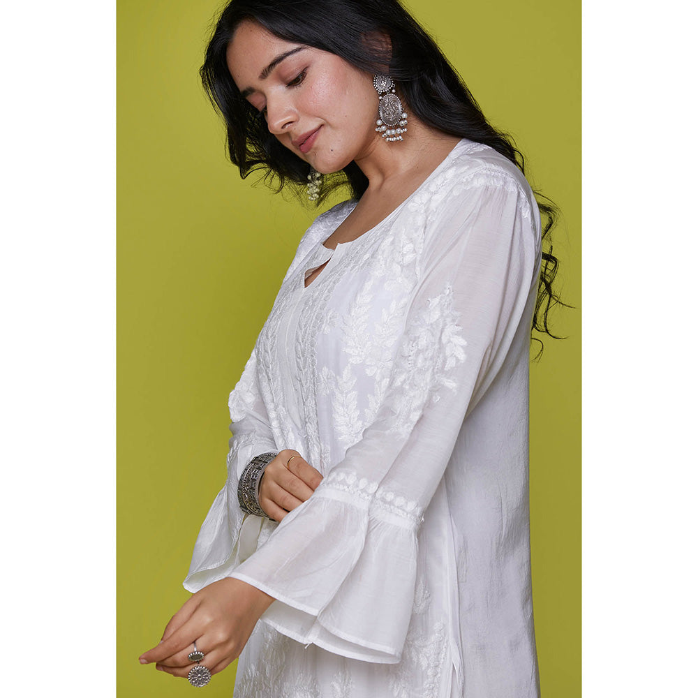 House of Chikankari Muslin Chikankari Womens Long Kurta-White
