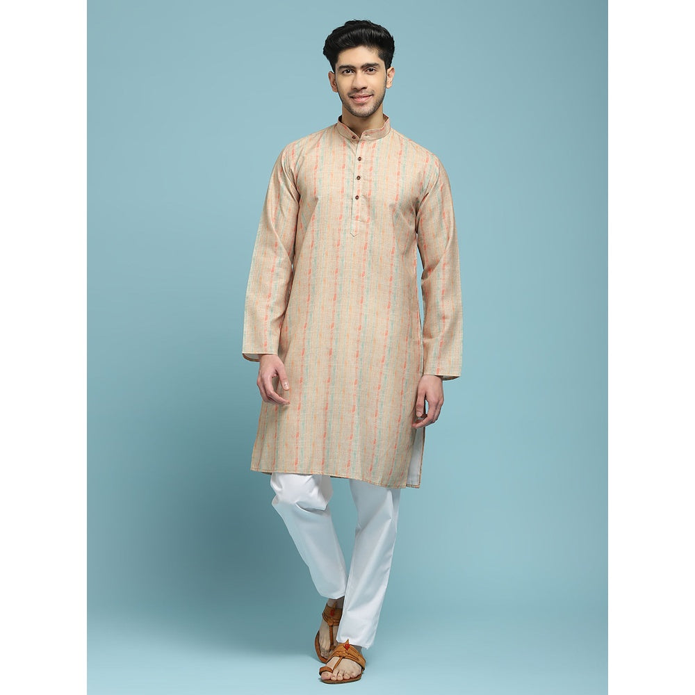 House of Chikankari Poly Cotton Printed Mens Long Kurta - Beige