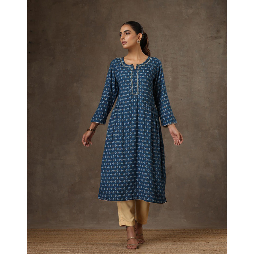 House of Chikankari Rayon Hand Embroidered Printed Womens Long Kurta - Navy Blue