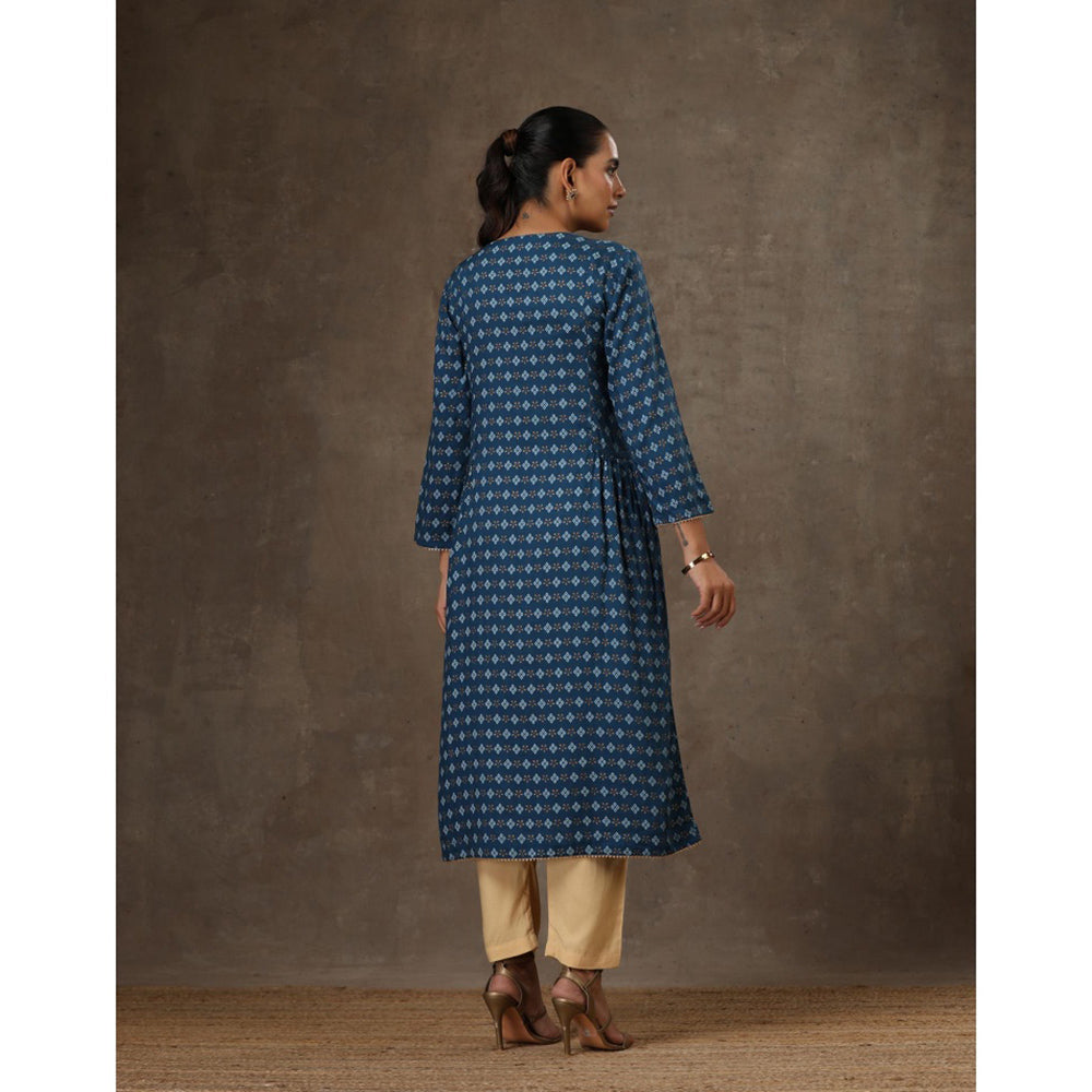 House of Chikankari Rayon Hand Embroidered Printed Womens Long Kurta - Navy Blue