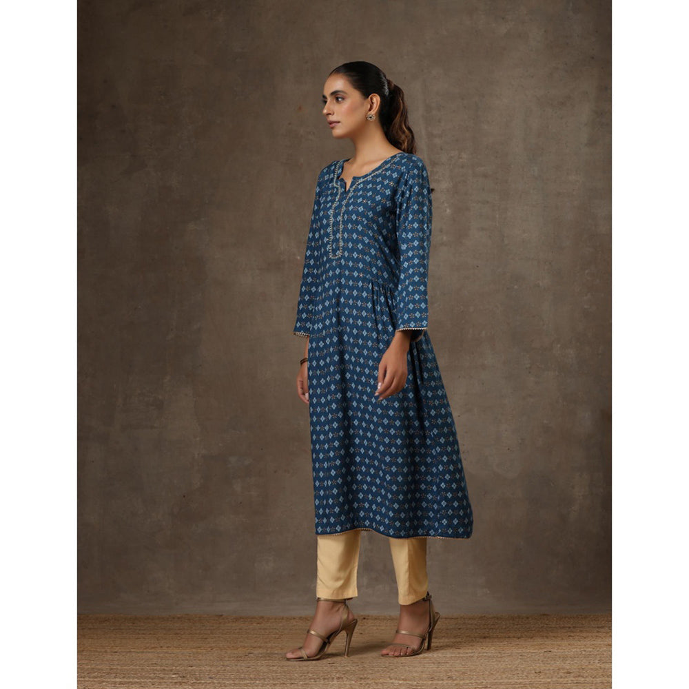 House of Chikankari Rayon Hand Embroidered Printed Womens Long Kurta - Navy Blue